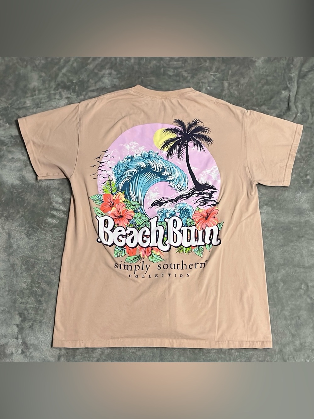 Simply Southern Beach Bum T Shirt Womens Medium Tan Tropical Wave Graphic